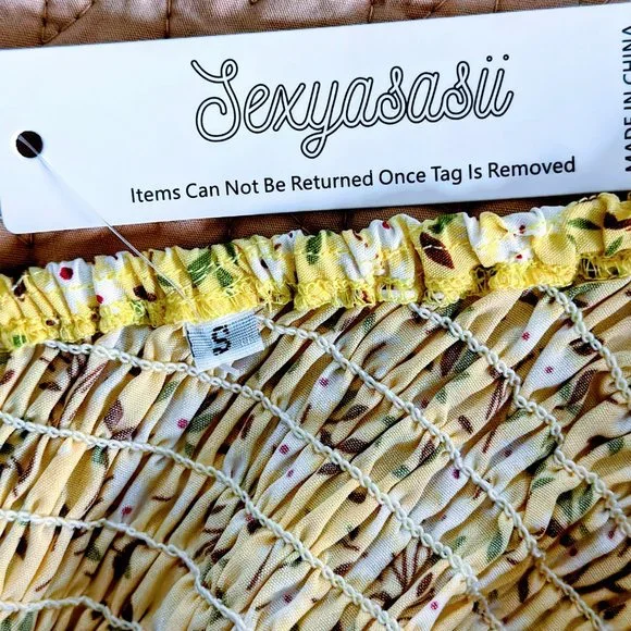 SEXYASASII Yellow Floral Smocked One-Shoulder Boho Midi Dress Size Small NWT - Picture 4 of 6